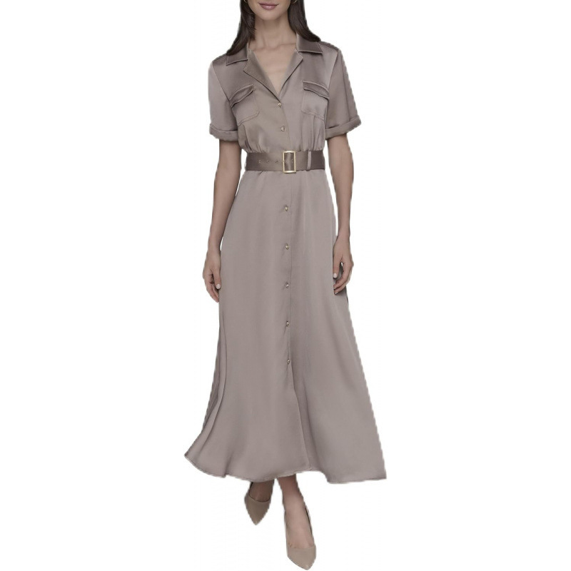 Polo Collar Short Sleeve Button Front Midi Dress