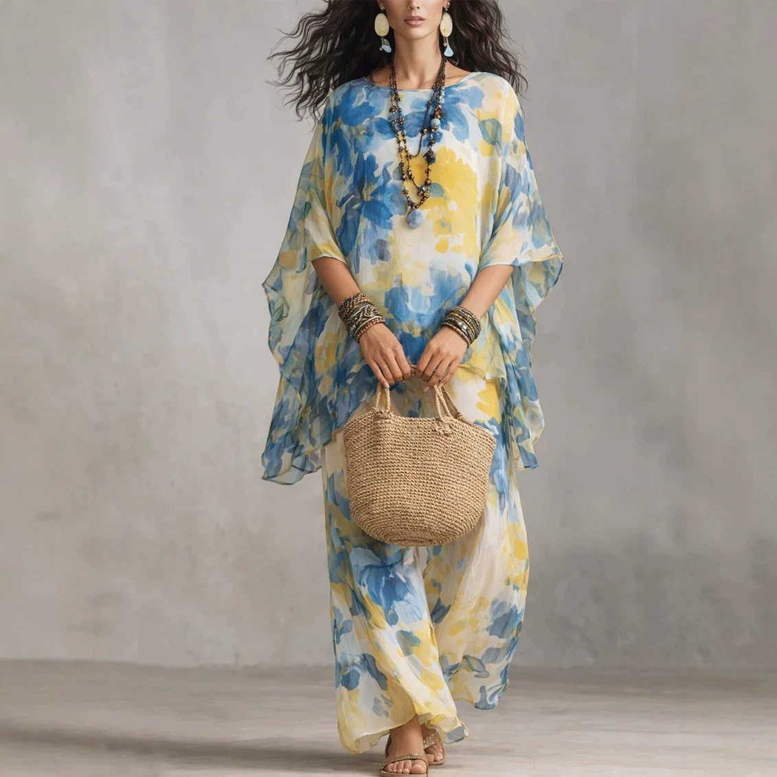 Elegant Floral Two-Piece Dress Set with Long Skirt and Loose Fit