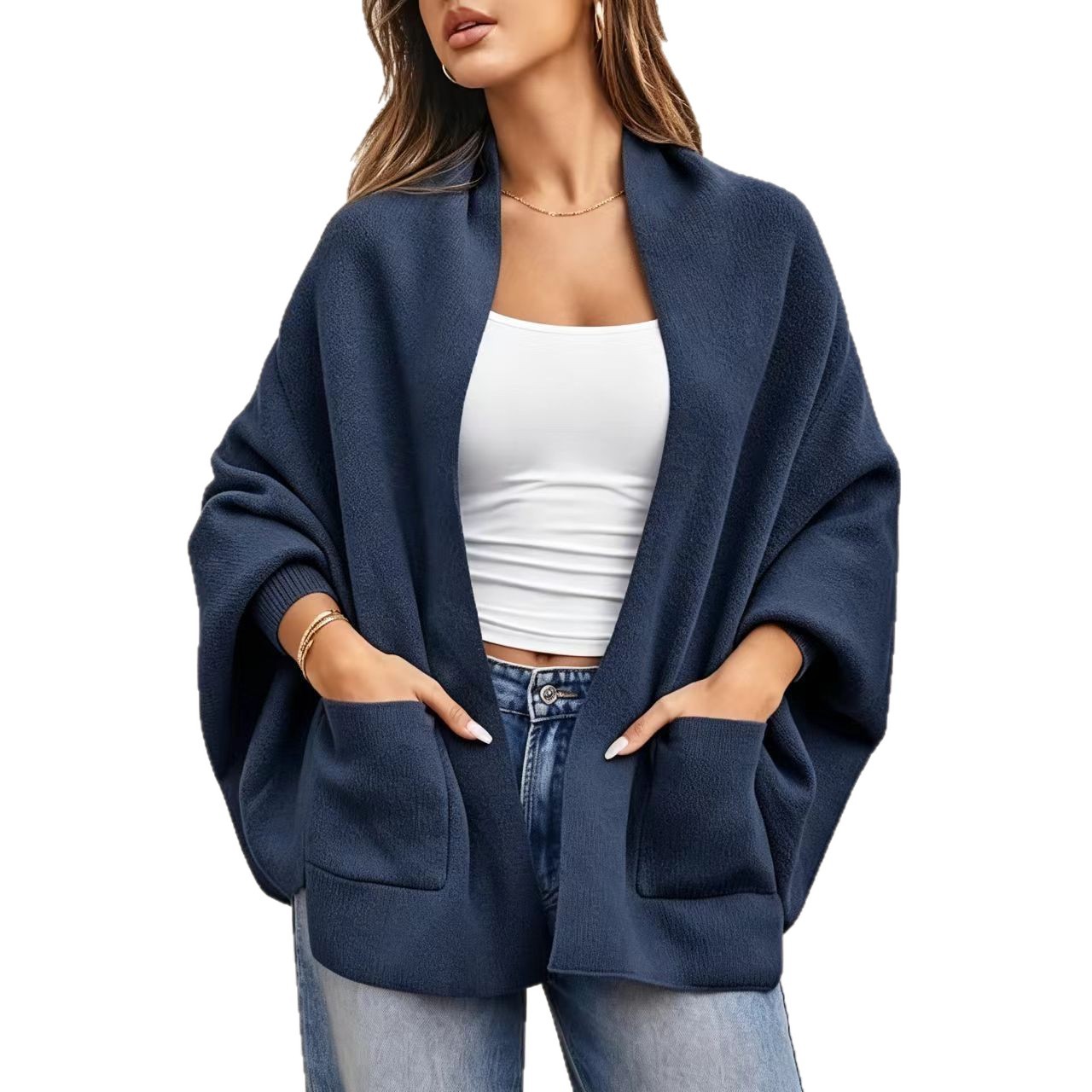 Women's Solid Knit Cardigan Sweater, Loose V-Neck Batwing Sleeve Mid-Length