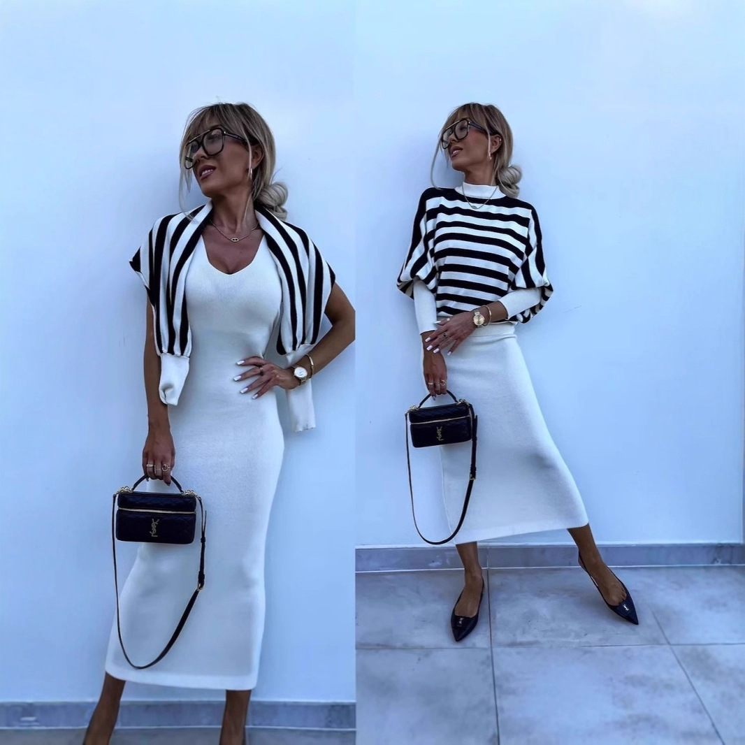 Striped Long-Sleeve Knit Two-Piece Dress Set