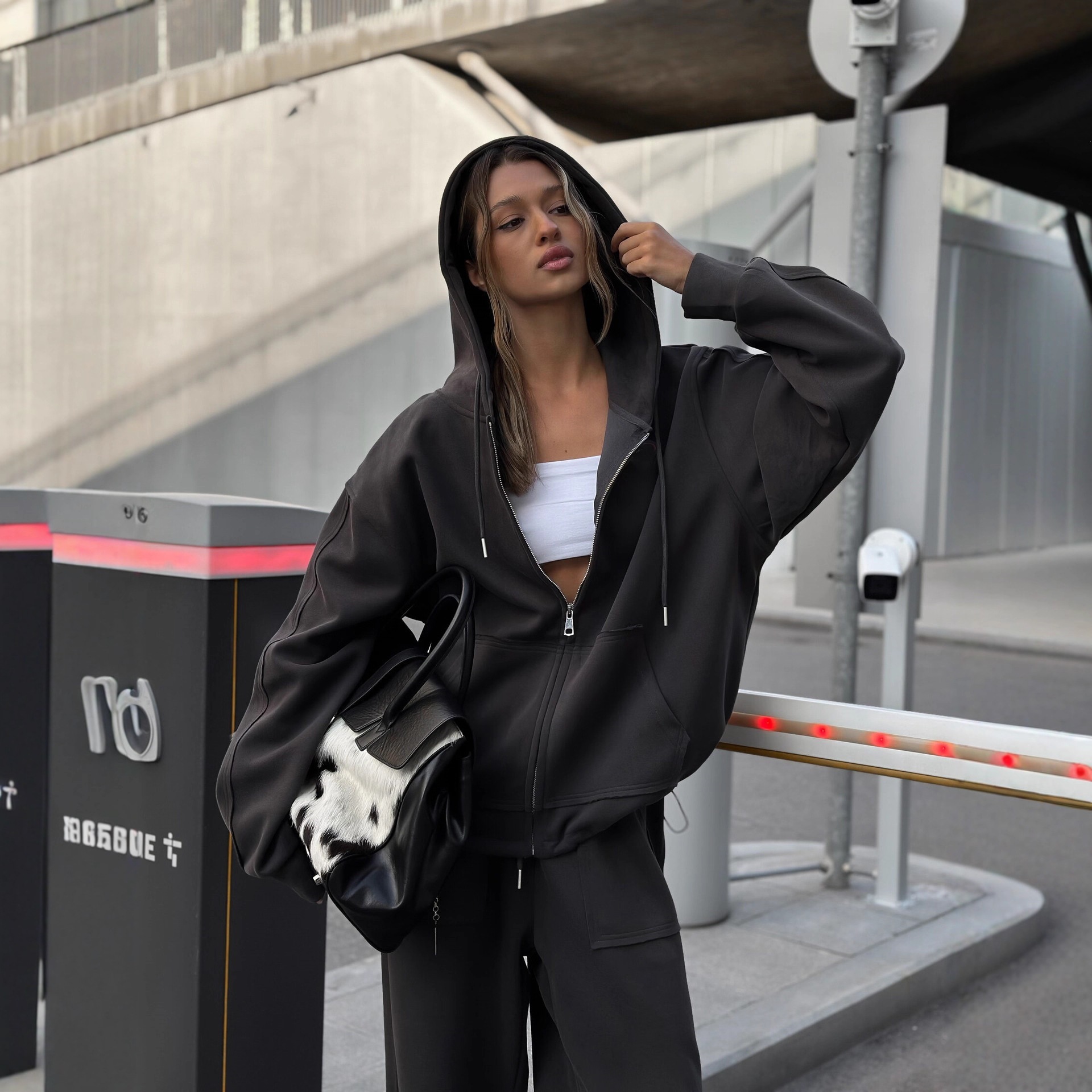 Solid Color Zip-Up Hoodie and Wide-Leg Drawstring Pants Two-Piece Set