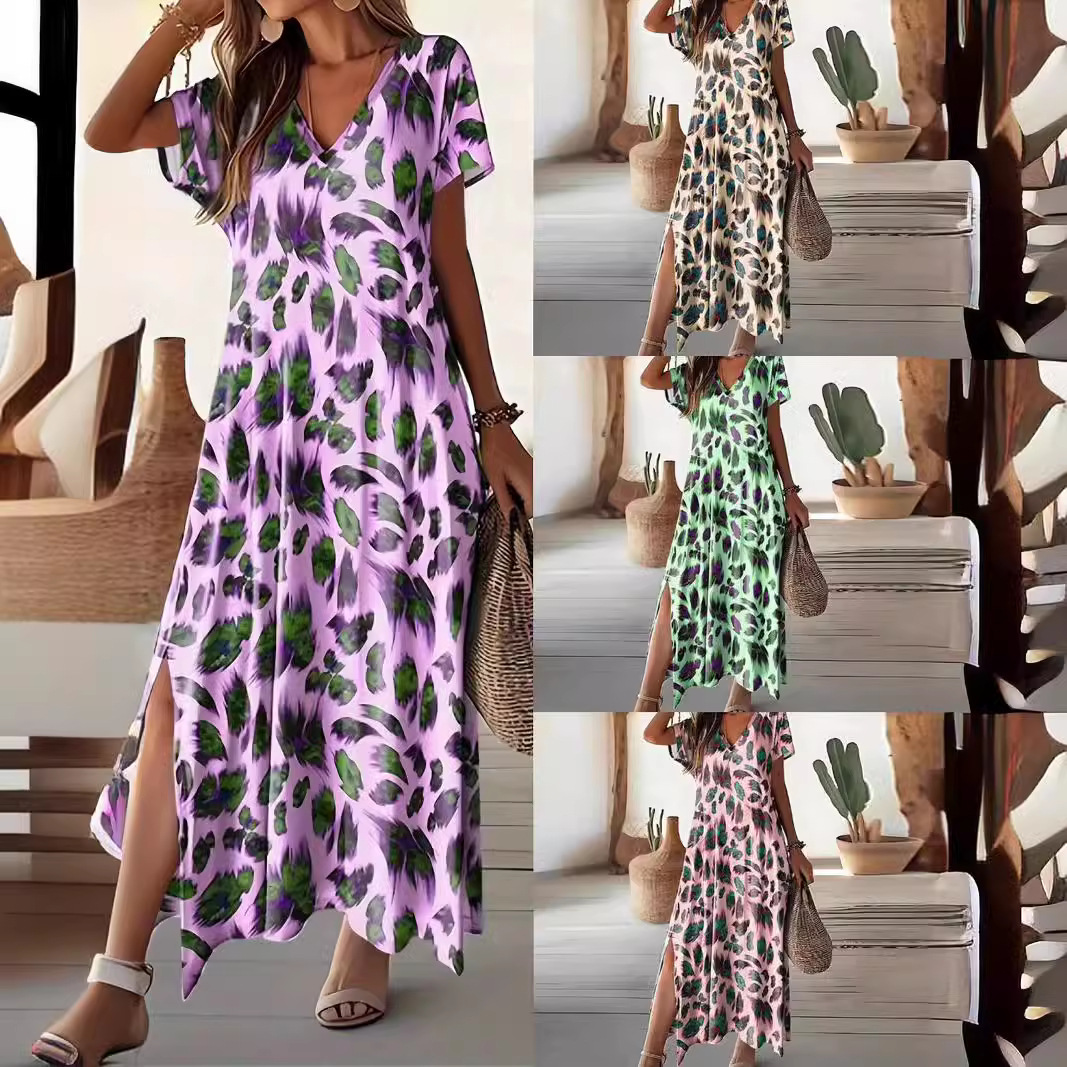 V-Neck Short Sleeve High Waist Floral Print Midi Dress