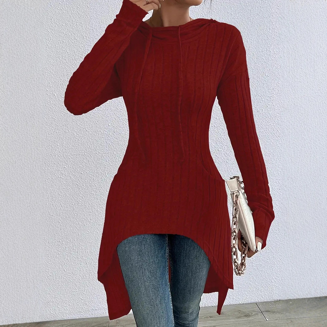 Women's Ribbed Knit Hooded Drawstring Tunic Sweatshirt
