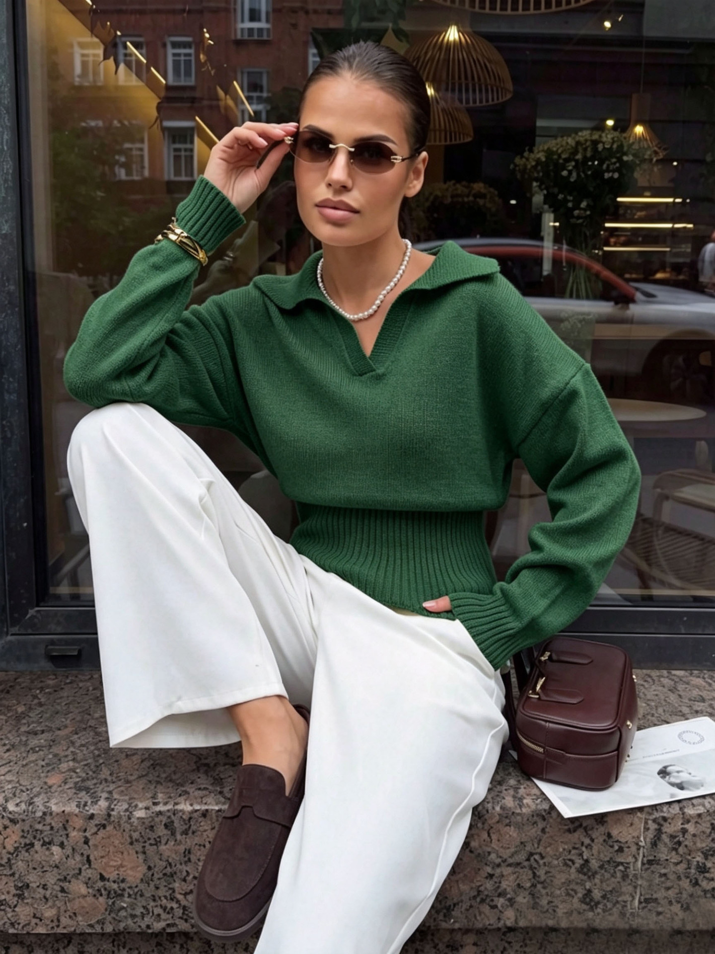 Women's V-Neck Fitted Waist Loose Long Sleeve Pullover Top