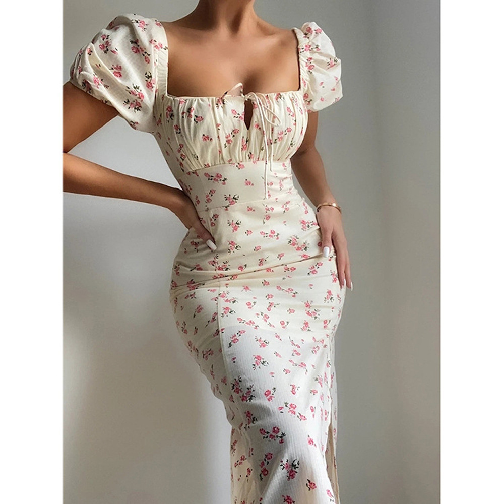Women's French Vintage Square Neck Puff Sleeve Floral Bodycon Slit Midi Dress