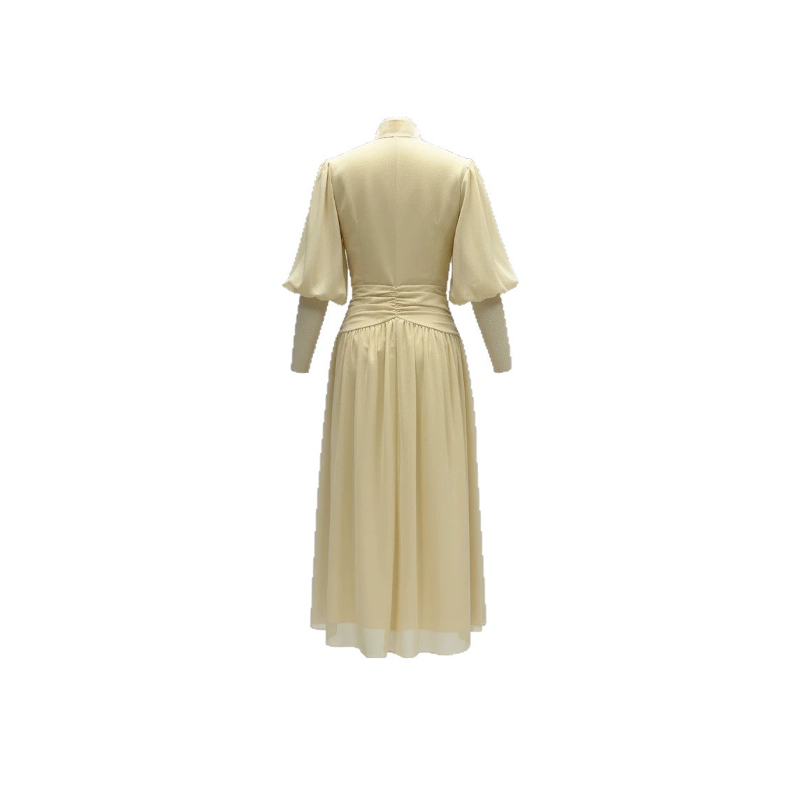 French V-Neck Ruched Midi Dress with Puff Sleeves