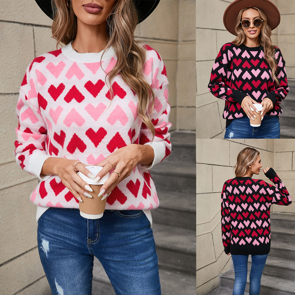 Heart Crewneck Pullover Sweater for Women