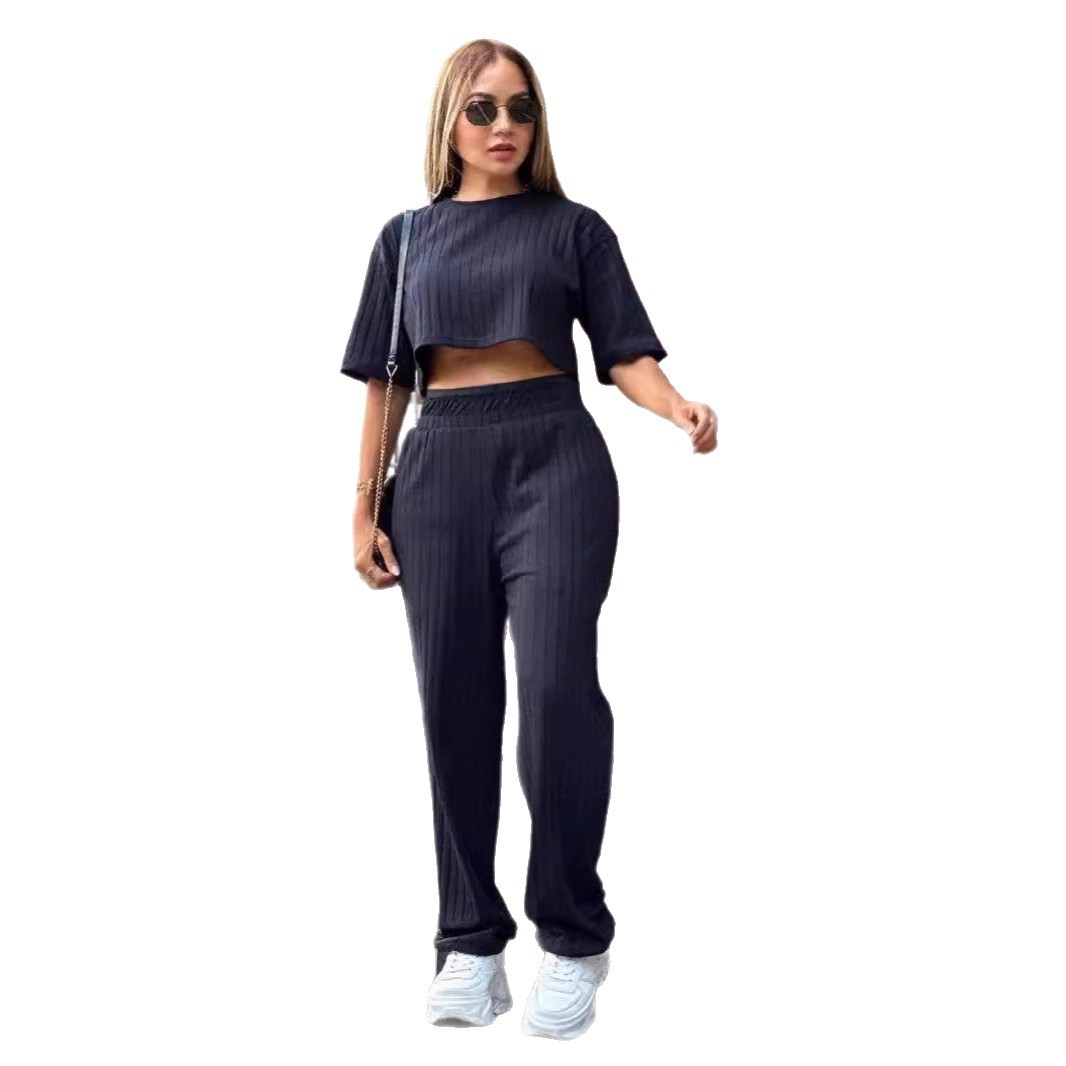 Women's Two-Piece Lounge Set with Short-Sleeve Crewneck Top and Straight-Leg Pants