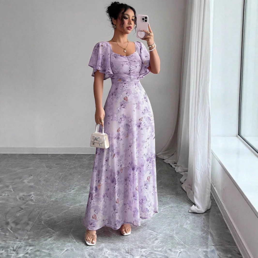 Floral Butterfly Print Ruffle Sleeve Slim Fit Midi Dress with Lining
