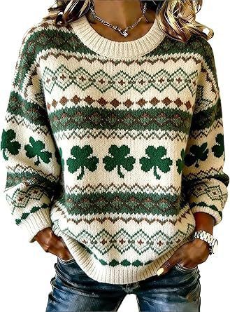 Women's Clover Print Crewneck Sweatshirt Casual Pullover