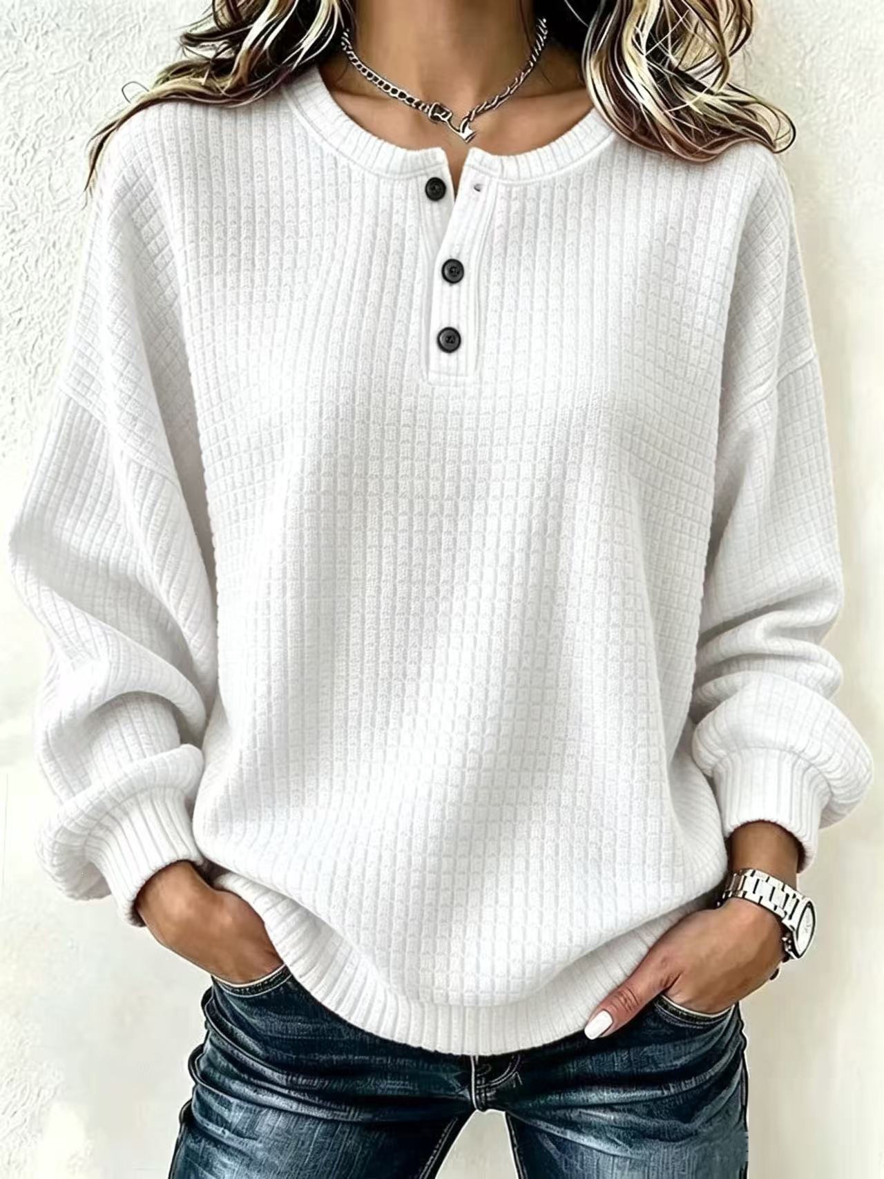 Women's Plaid Crewneck Button Long-Sleeve Sweatshirt