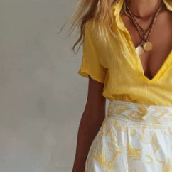 Elegant Summer Vacation Set: Yellow Cotton-Linen T-Shirt & Moon Print Chiffon Skirt