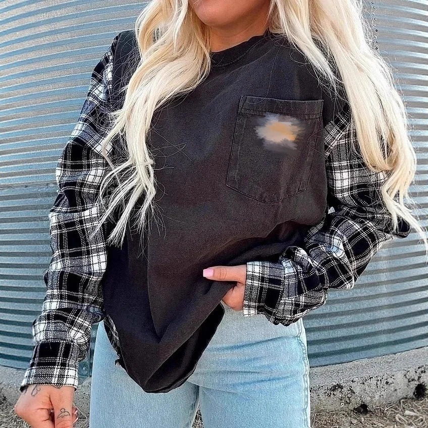 Women's Vintage Round Neck Long Sleeve Plaid Patchwork Sweatshirt