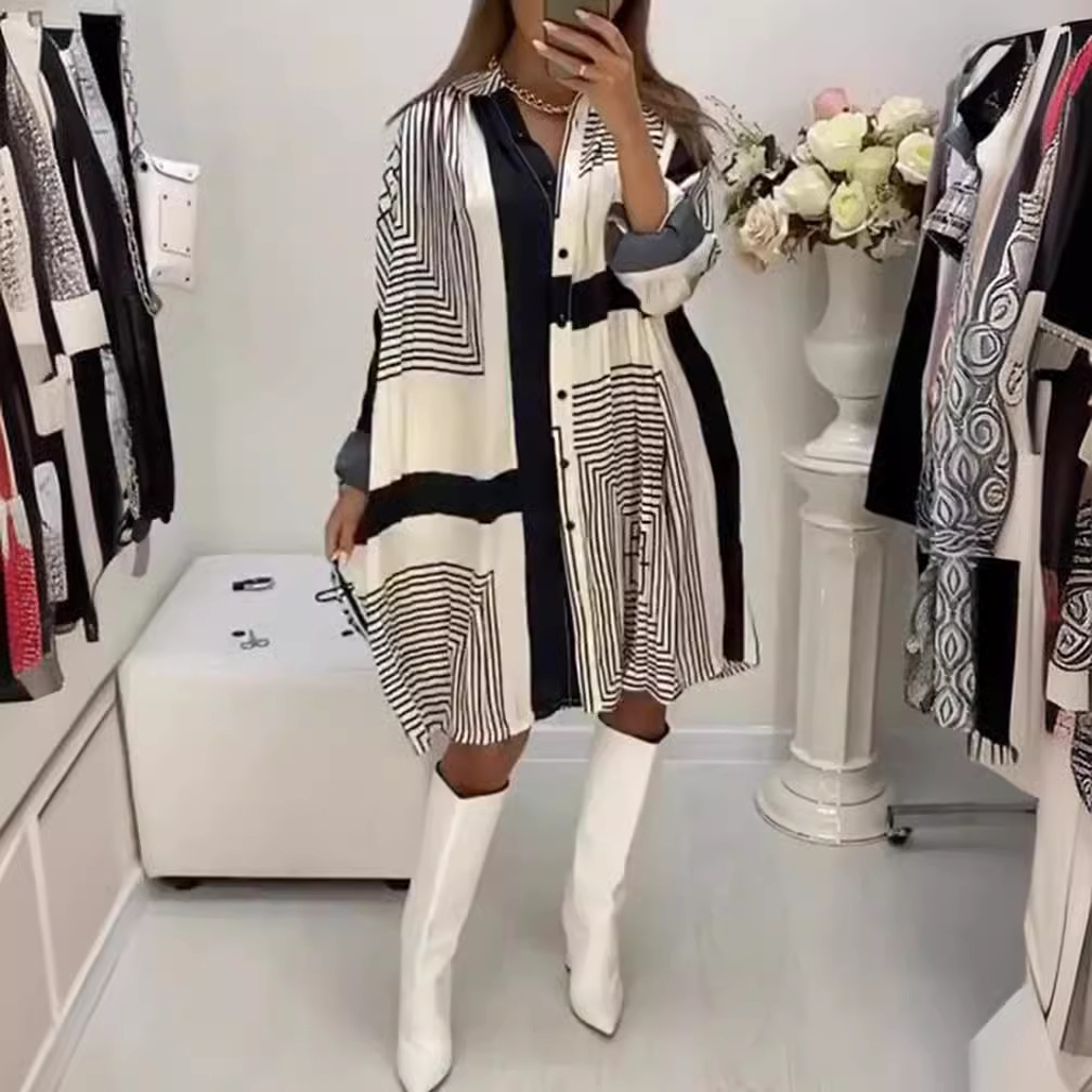 Women's Loose Fit Printed V-Neck Long Sleeve Midi Dress