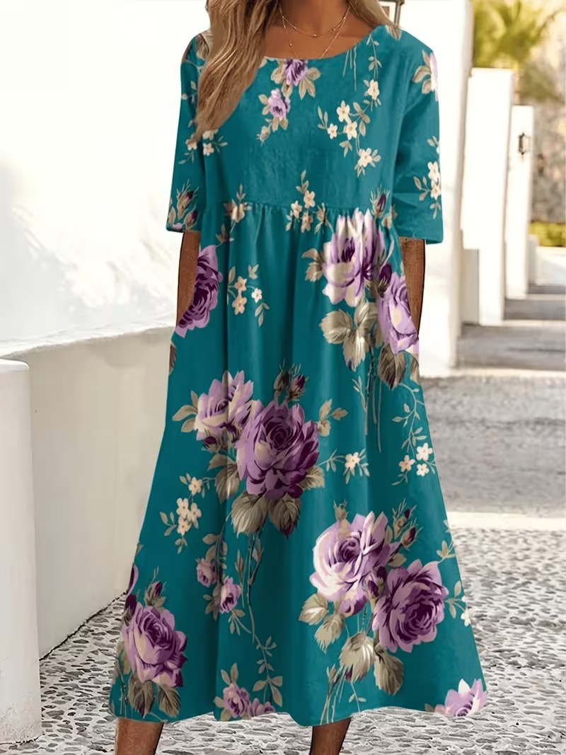Women's Floral Print Ruched Midi Dress Casual Vacation Pullover