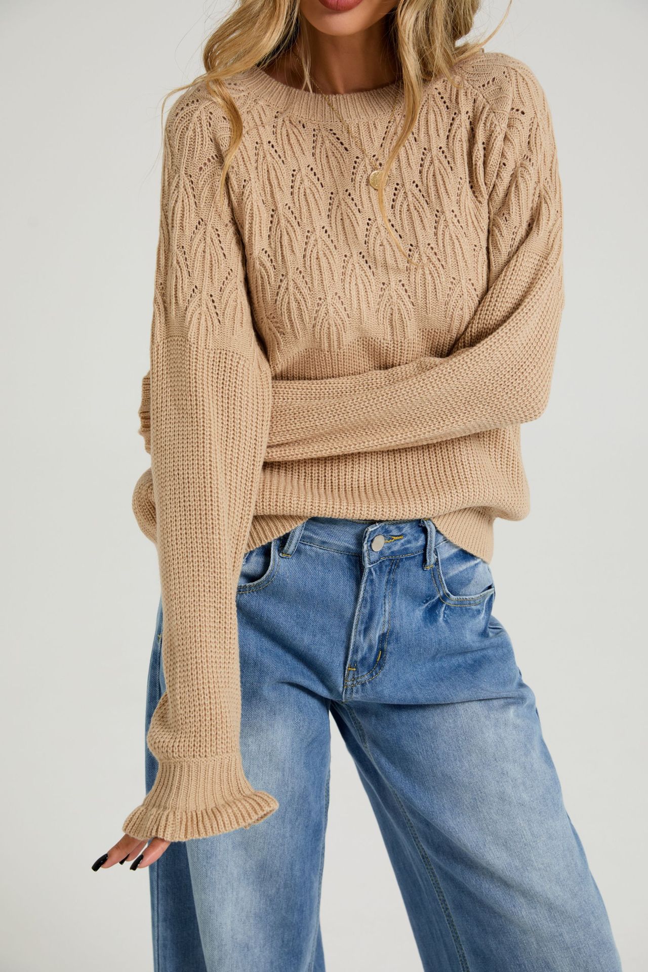 Women's Crewneck Knit Sweater Solid Color Long Sleeve Pullover