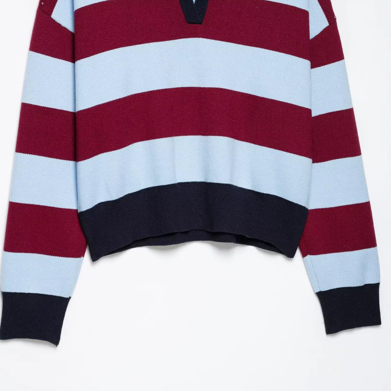 Striped Knit Polo Collar Top
