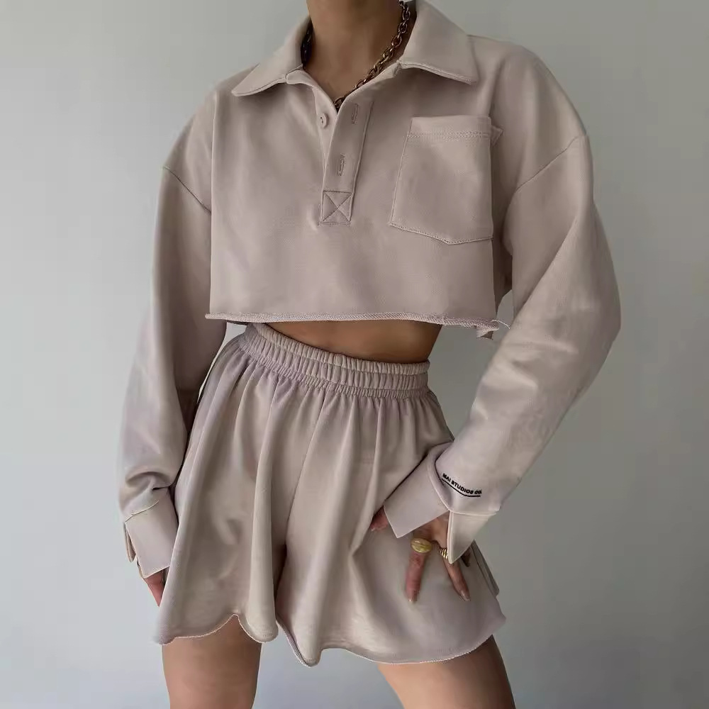 Solid Color Long Sleeve Open-Front Top and Drawstring Shorts Set