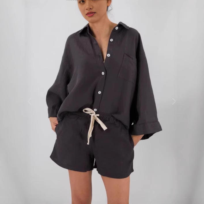 Cotton-Linen American Style Cardigan Long-Sleeve Shorts Set