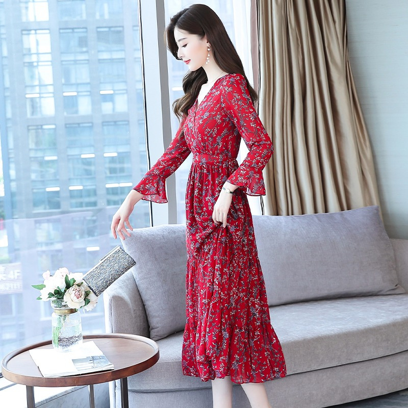 Floral Long Sleeve V-Neck Midi Dress with Waist