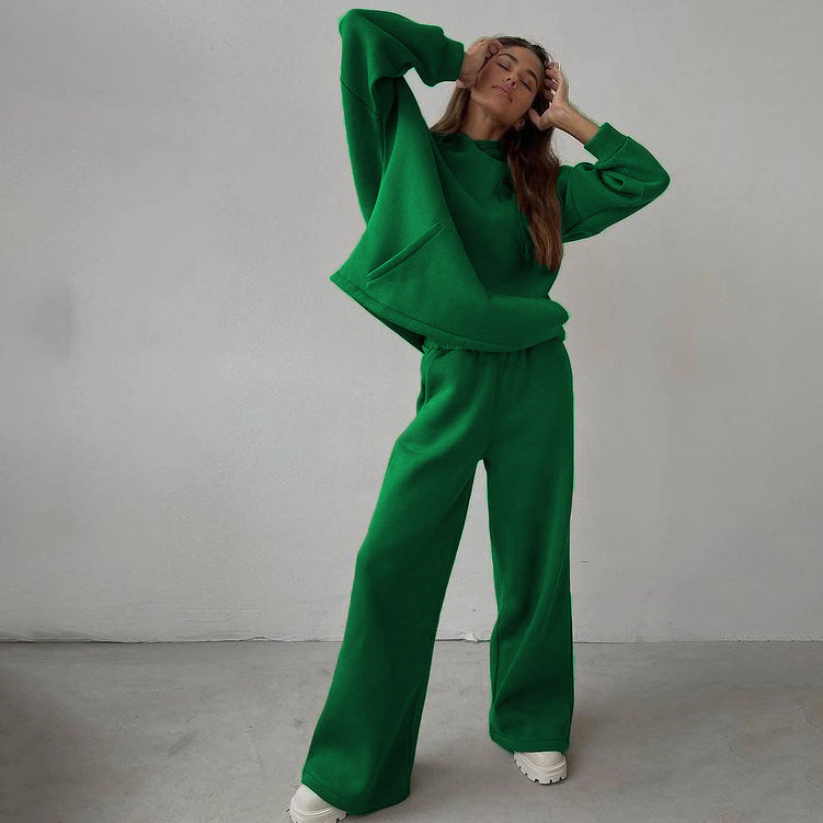 Women's Casual Hooded Long Sleeve Wide Leg Pants Two-Piece Set