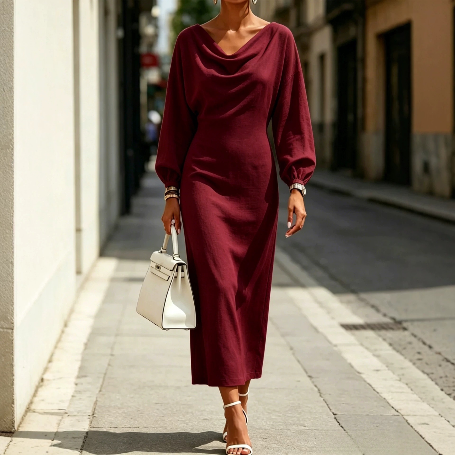 Women's Cowl Neck Lantern Sleeve Midi Dress