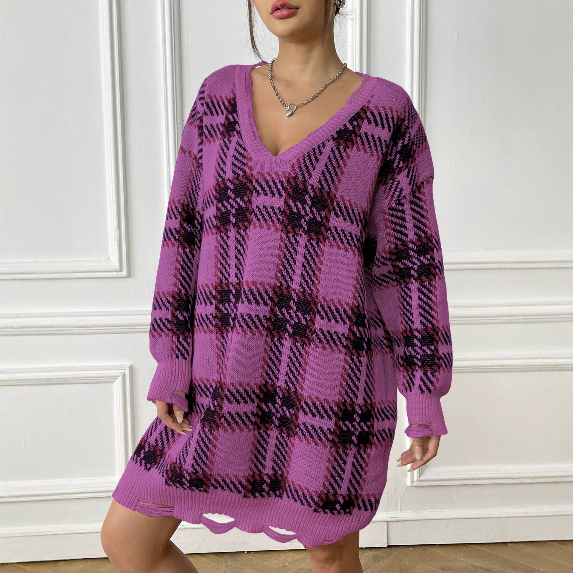 Women's Color-Block Plaid Knit Dress V-Neck Long Sleeve Midi