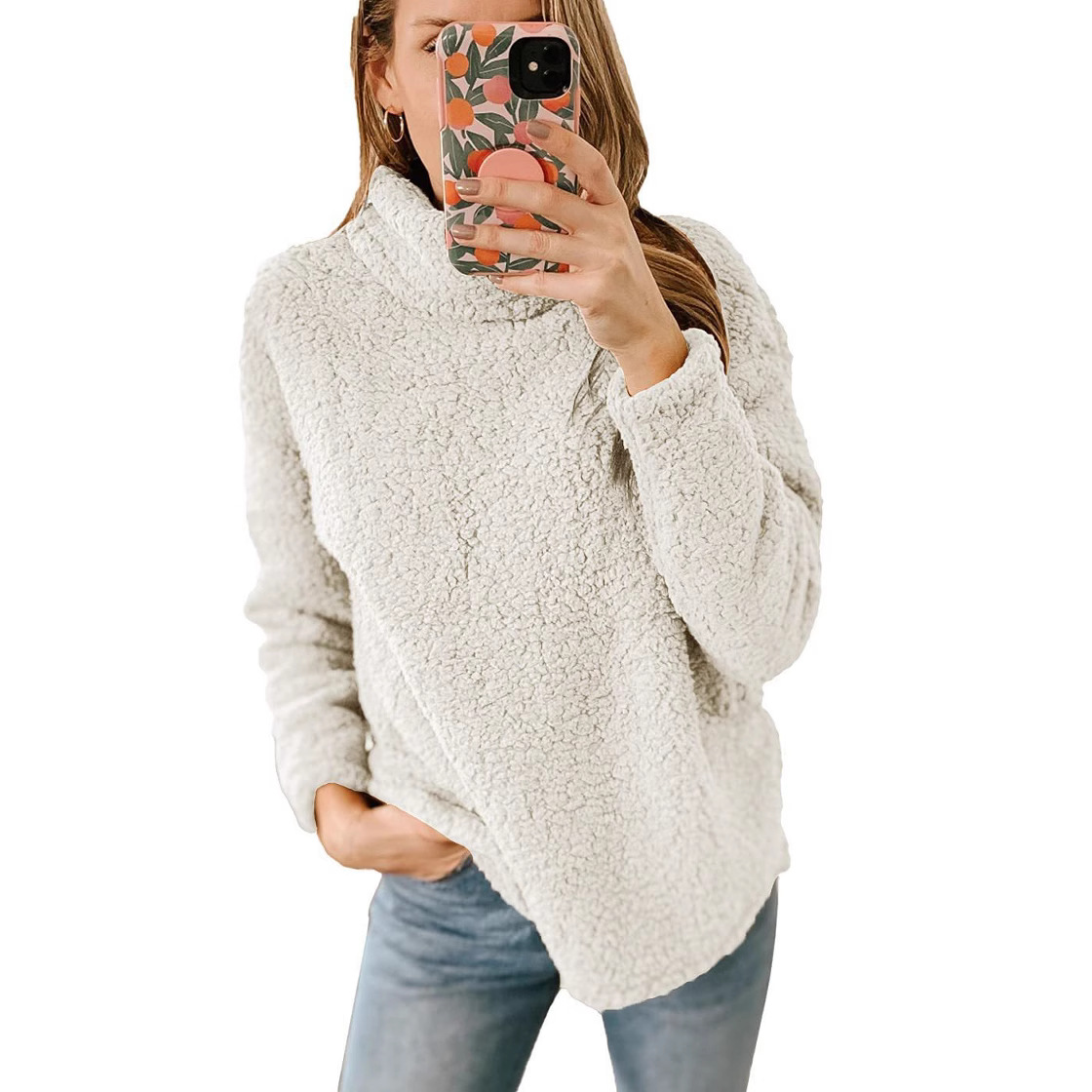 Women's Fuzzy High-Neck Pullover Sweatshirt Solid Color Plush Top