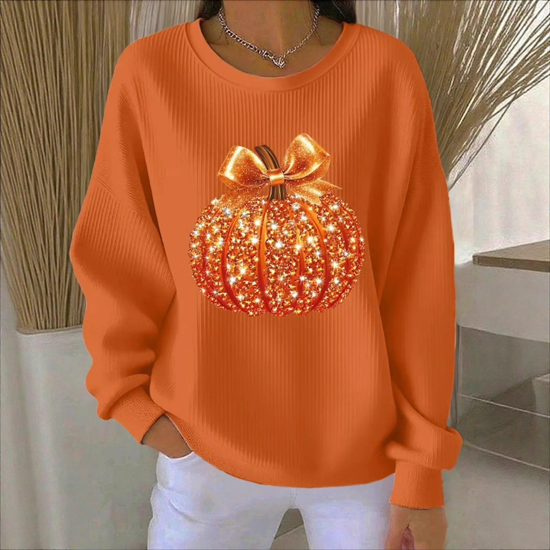 Women's Pumpkin Christmas Tree Bow Print Crewneck Sweatshirt