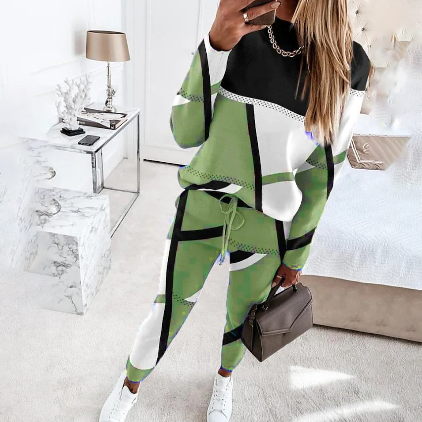 Women's Two-Piece Colorblock Print Long-Sleeve Crewneck Casual Set