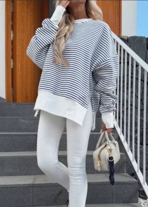 Nautical Striped Crewneck Pullover Sweatshirt for Women Relaxed Fit