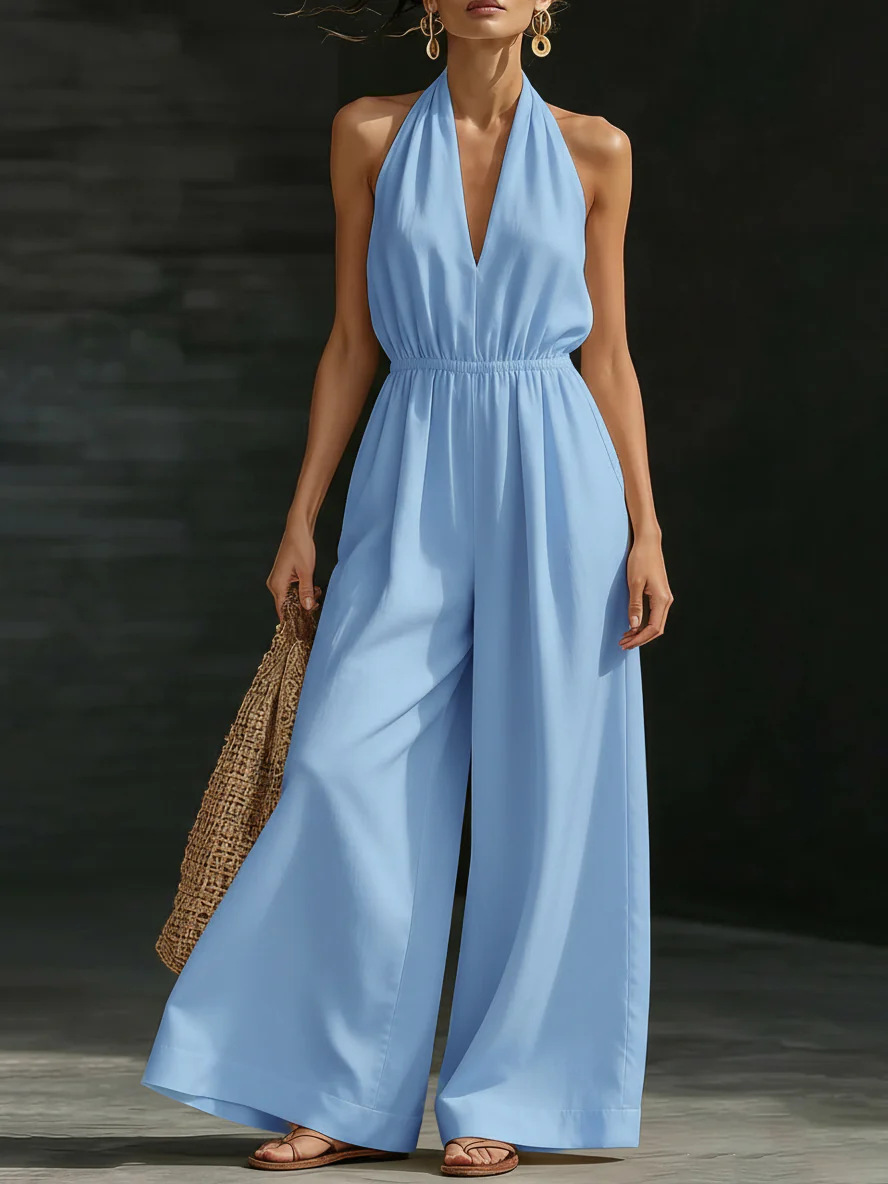 Women's V-Neck Halter Wide-Leg Jumpsuit Solid Color Sleeveless