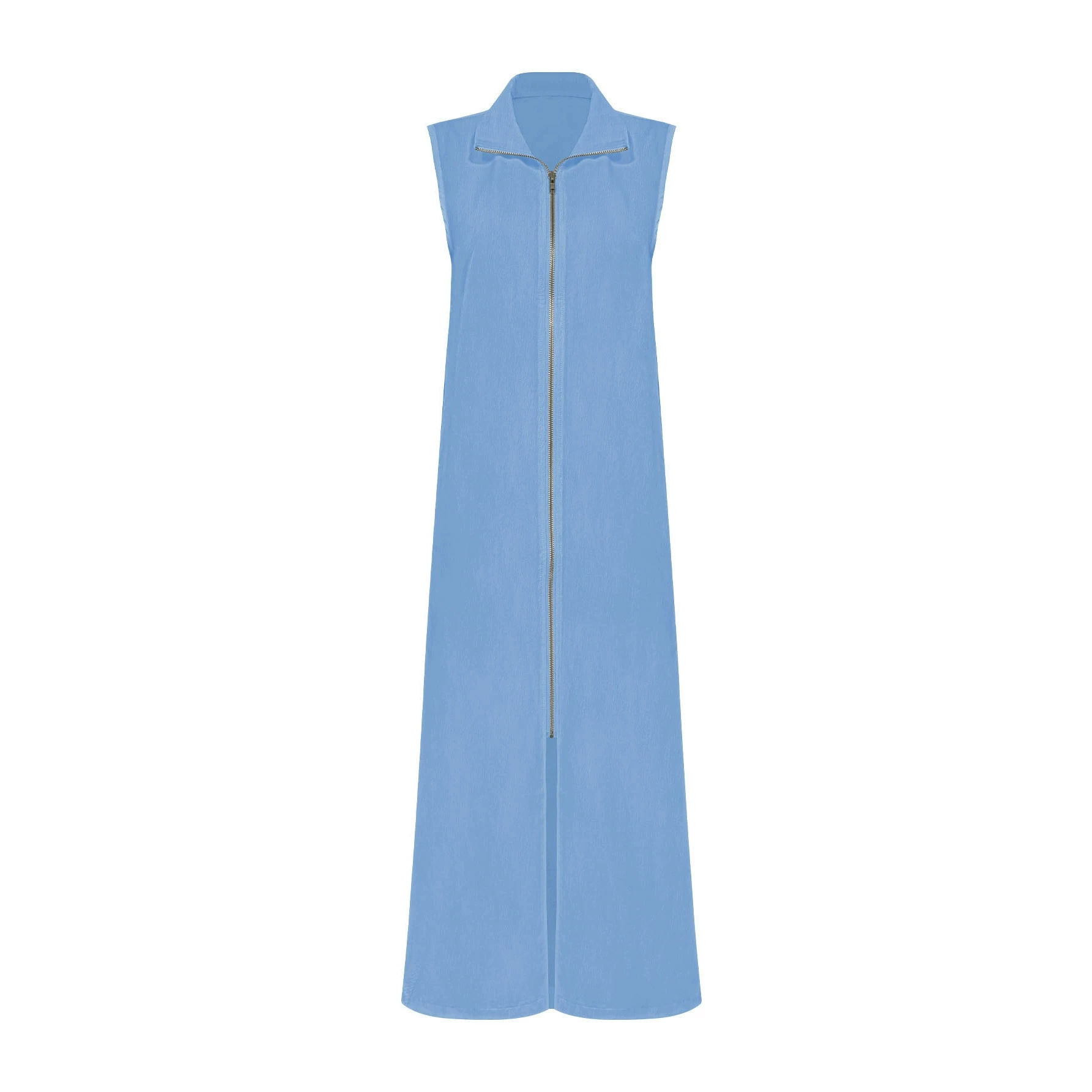 Stand Collar Sleeveless Split Long Dress Solid Loose Fit