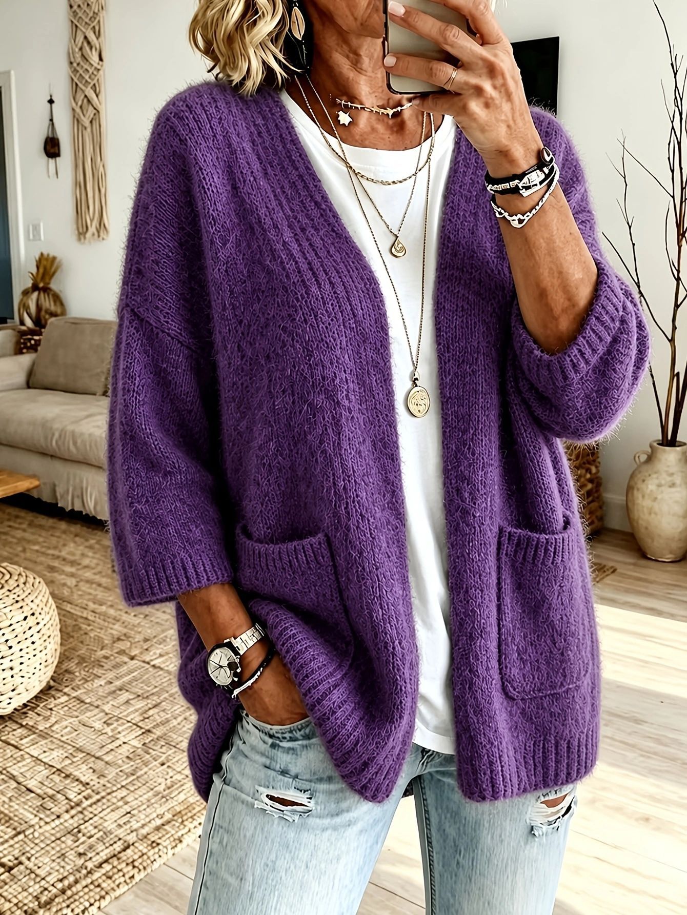 Soft Solid Knit Cardigan with Dual Pockets, Open Front, Long Sleeve