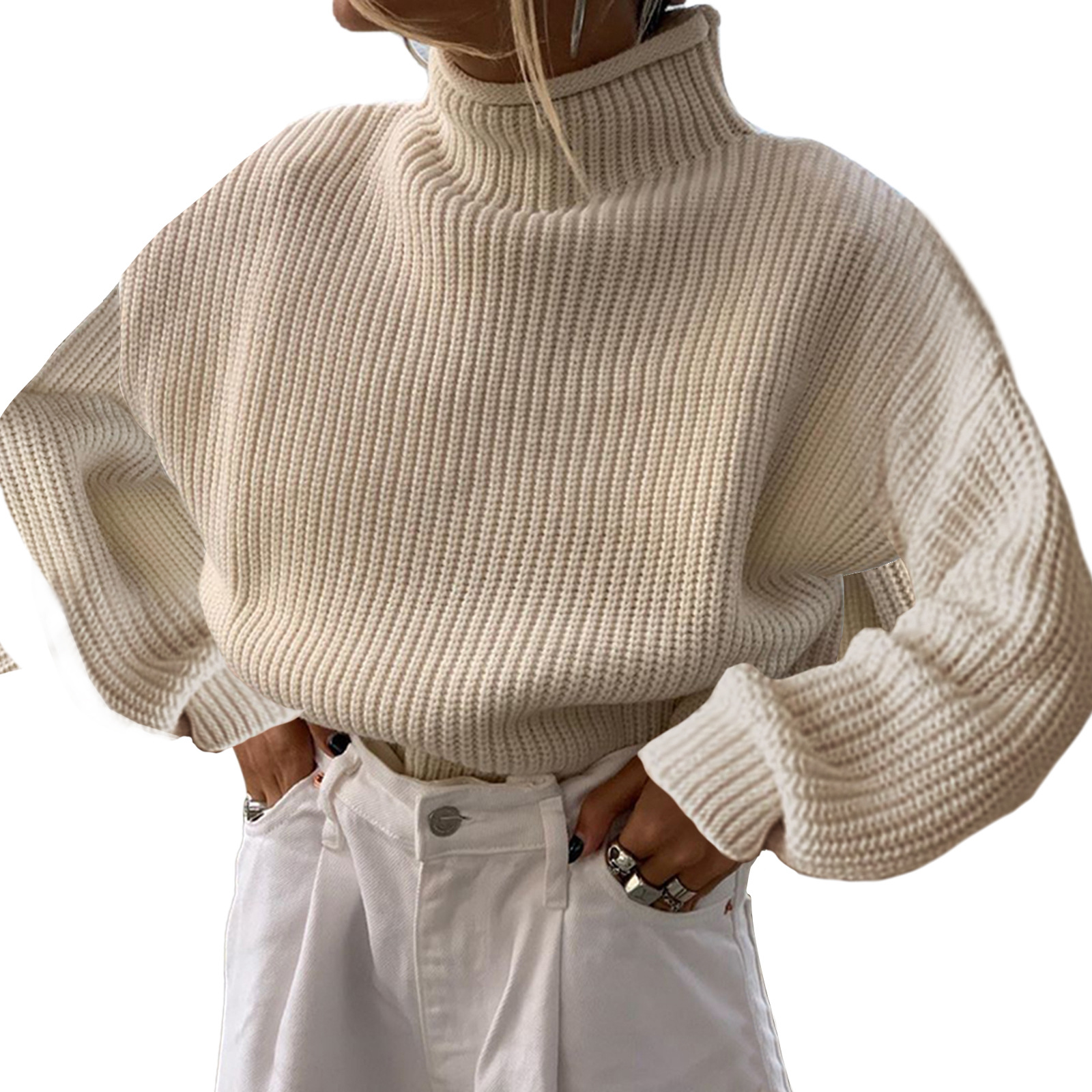 Women's Mock Neck Knit Sweater Solid Color Loose Casual Pullover