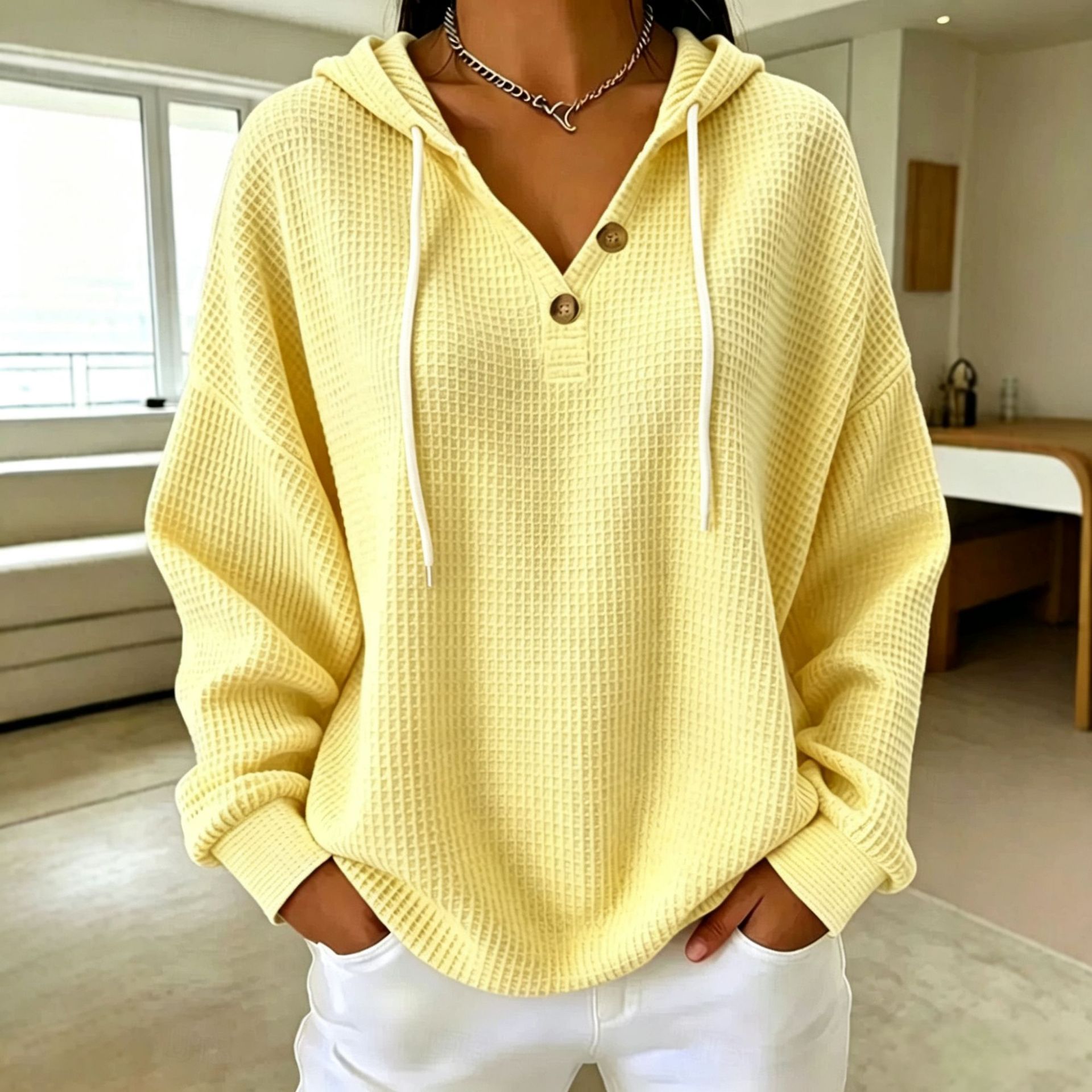Women's Waffle Knit Drawstring Hoodie Oversized Pullover