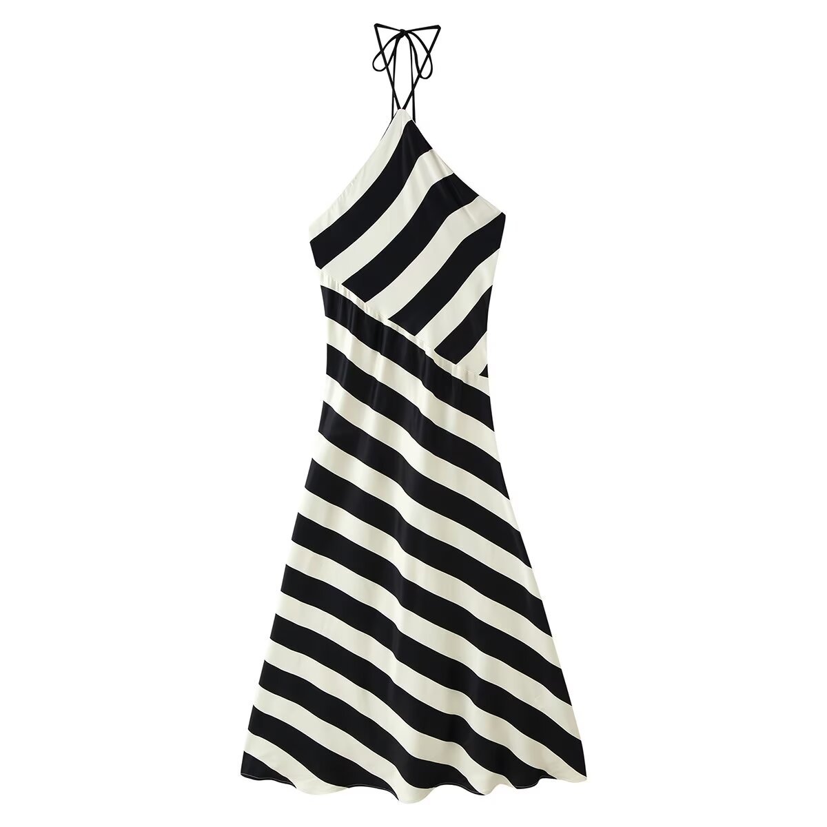 Black and White Striped Halter Neck Dress