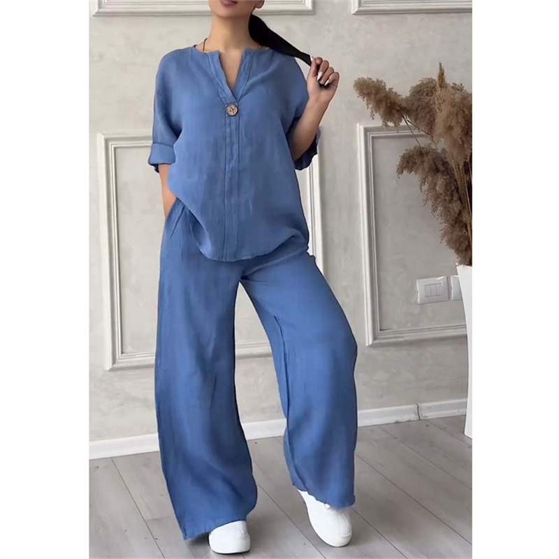Women's Solid Color Short Sleeve Shirt and Long Pants Set Casual Two-Piece Outfit