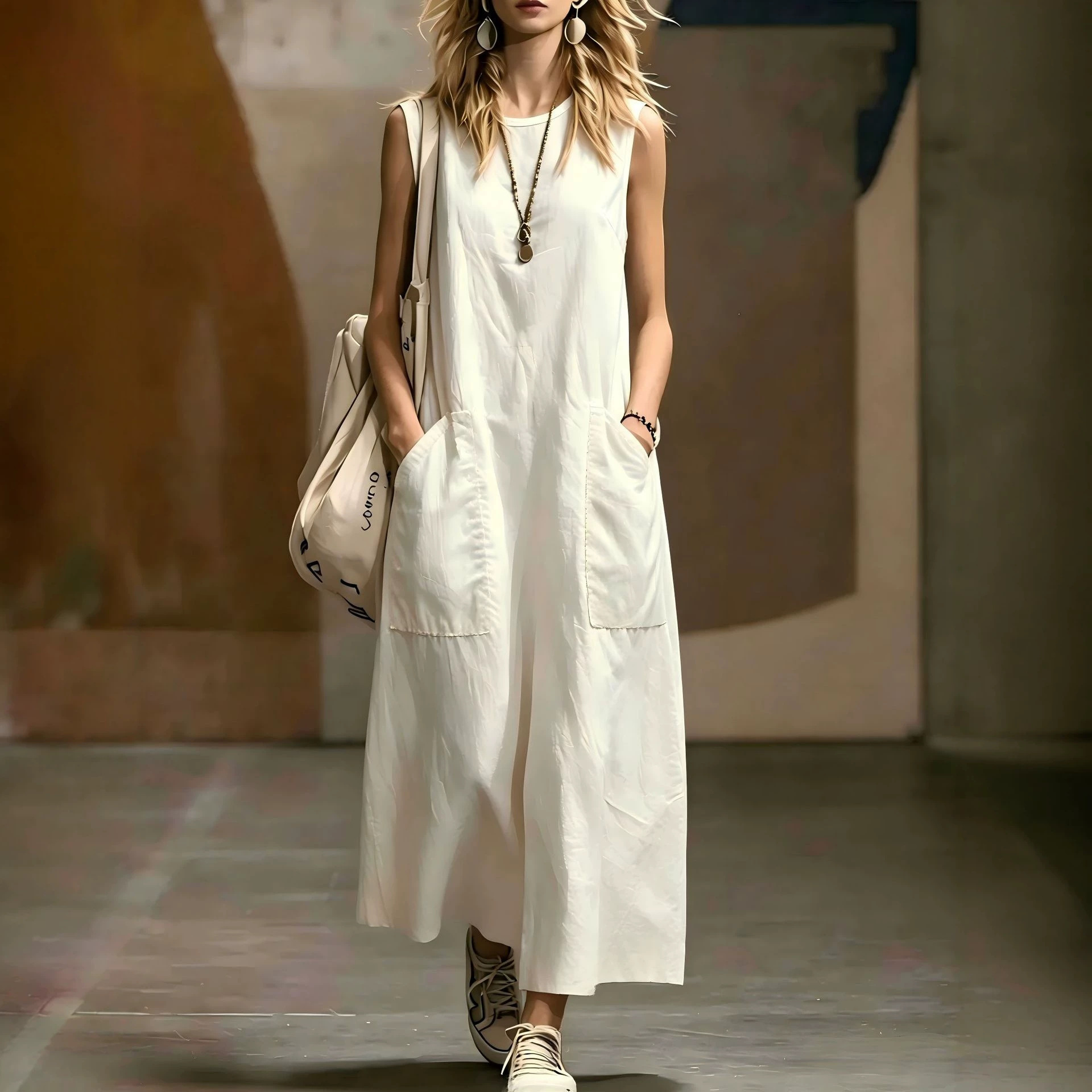 Women's Solid Sleeveless A-Line Midi Dress with Pockets
