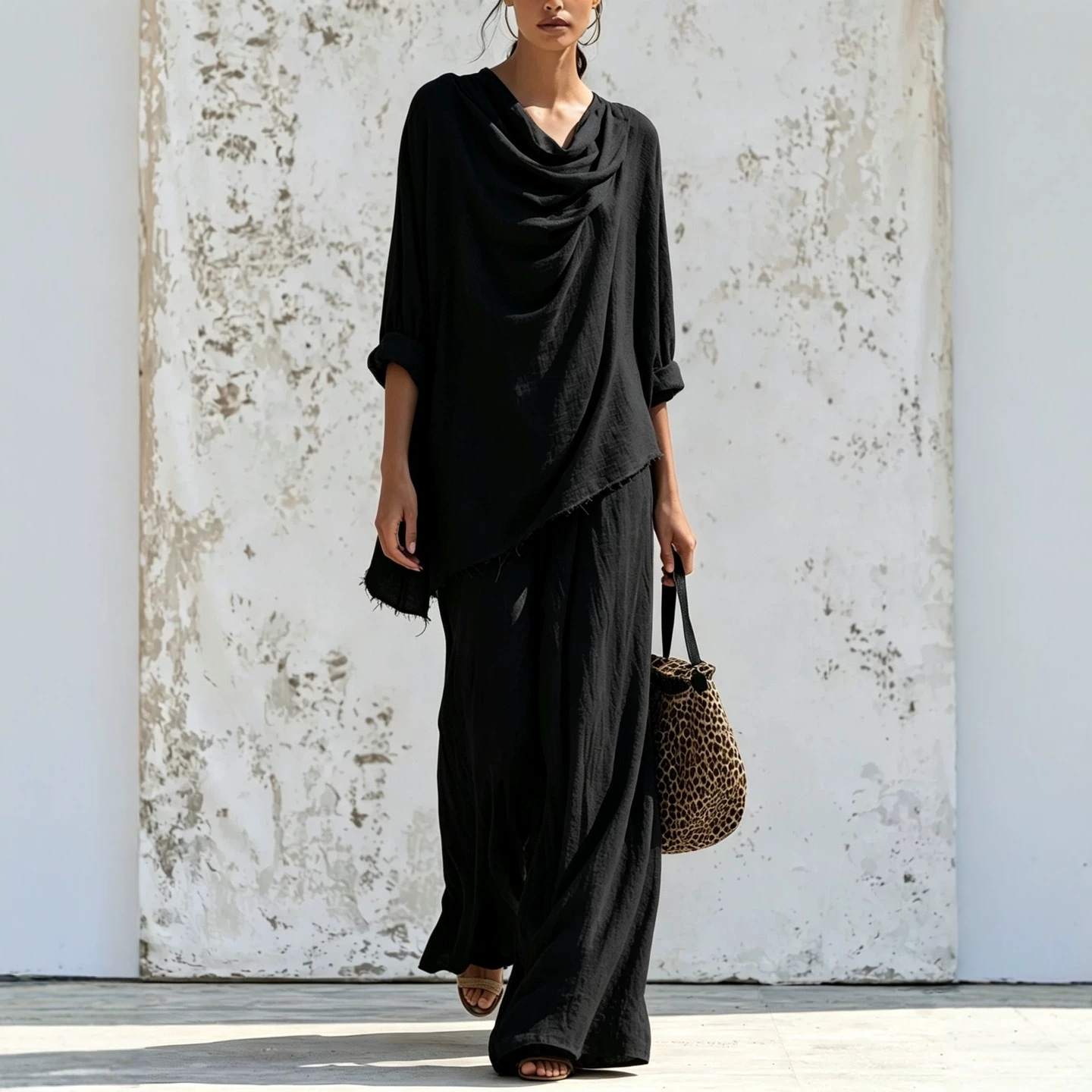 Women's Long Sleeve Frayed Trim Top & Wide Leg Pants Casual Set