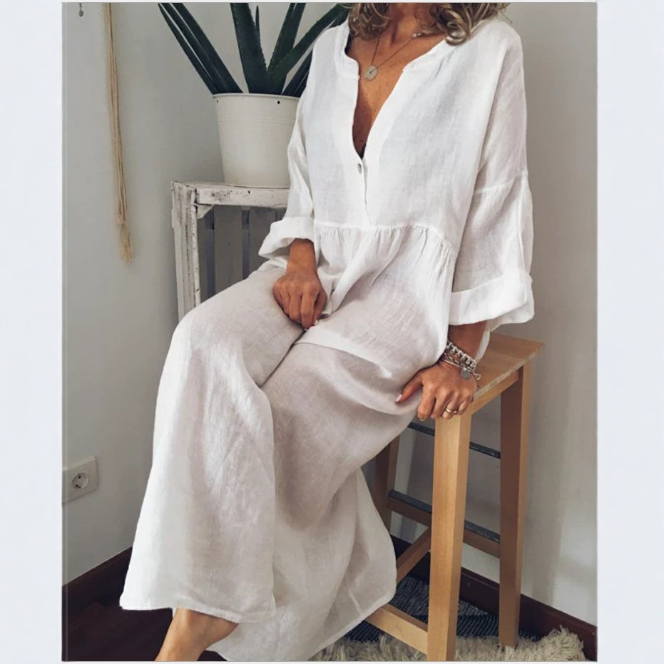 Solid Long Sleeve V-Neck Button A-Line Maxi Dress