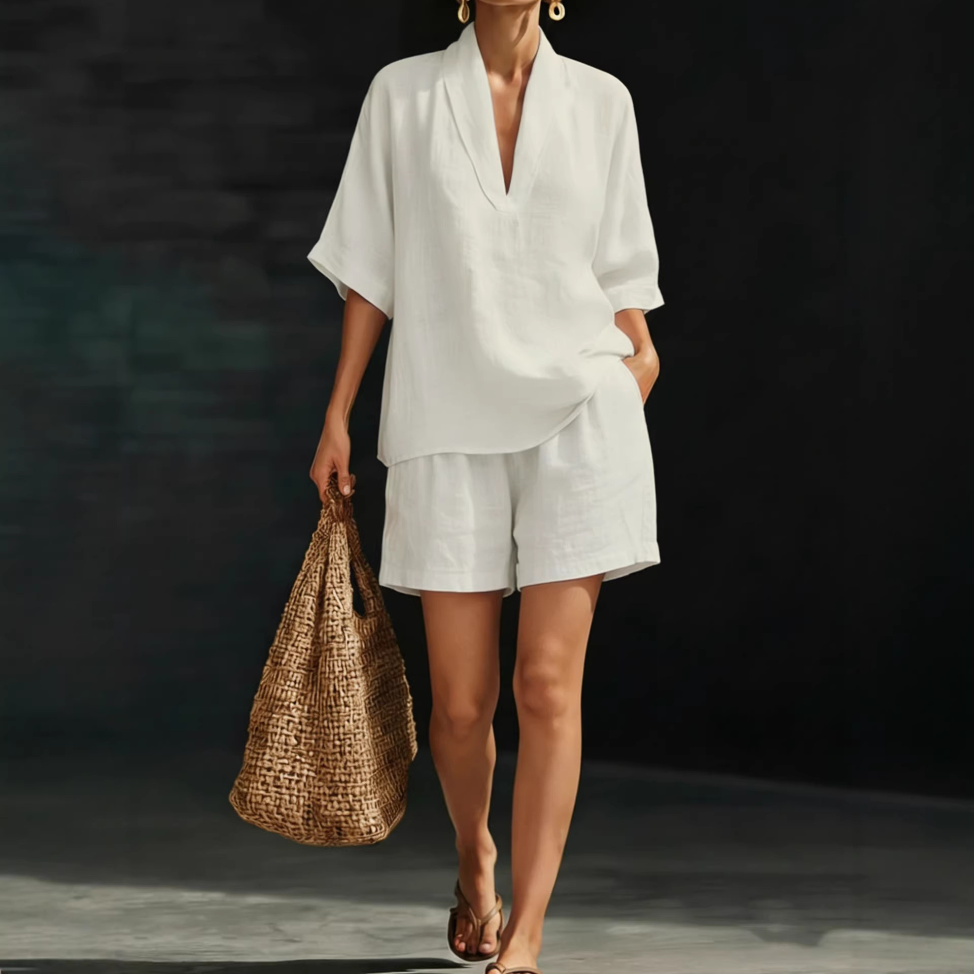 V-Neck Short Sleeve Wide Leg Pants Set Casual Solid Color
