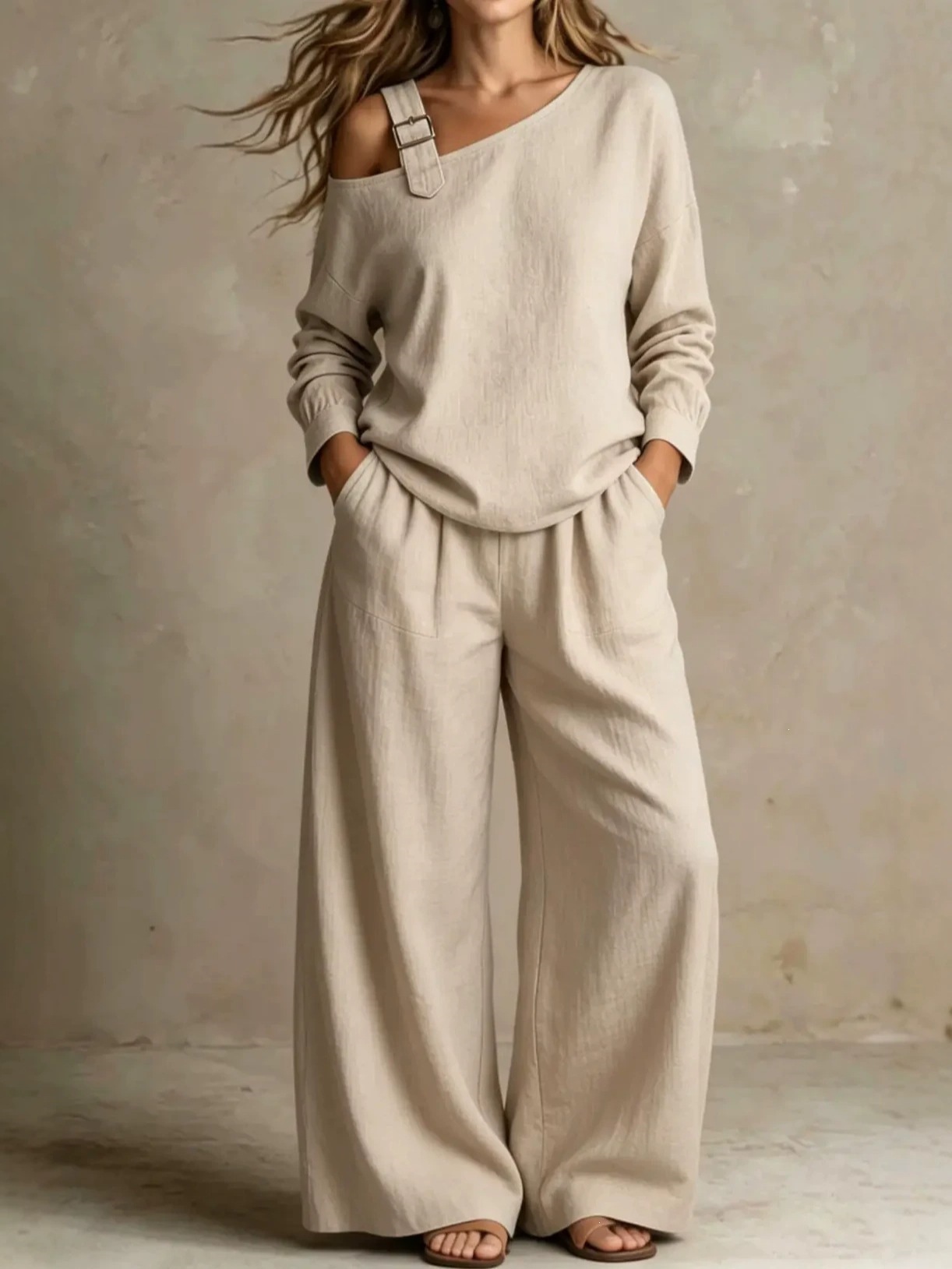Women's Casual Loose One-Shoulder Linen-Blend Two-Piece Set