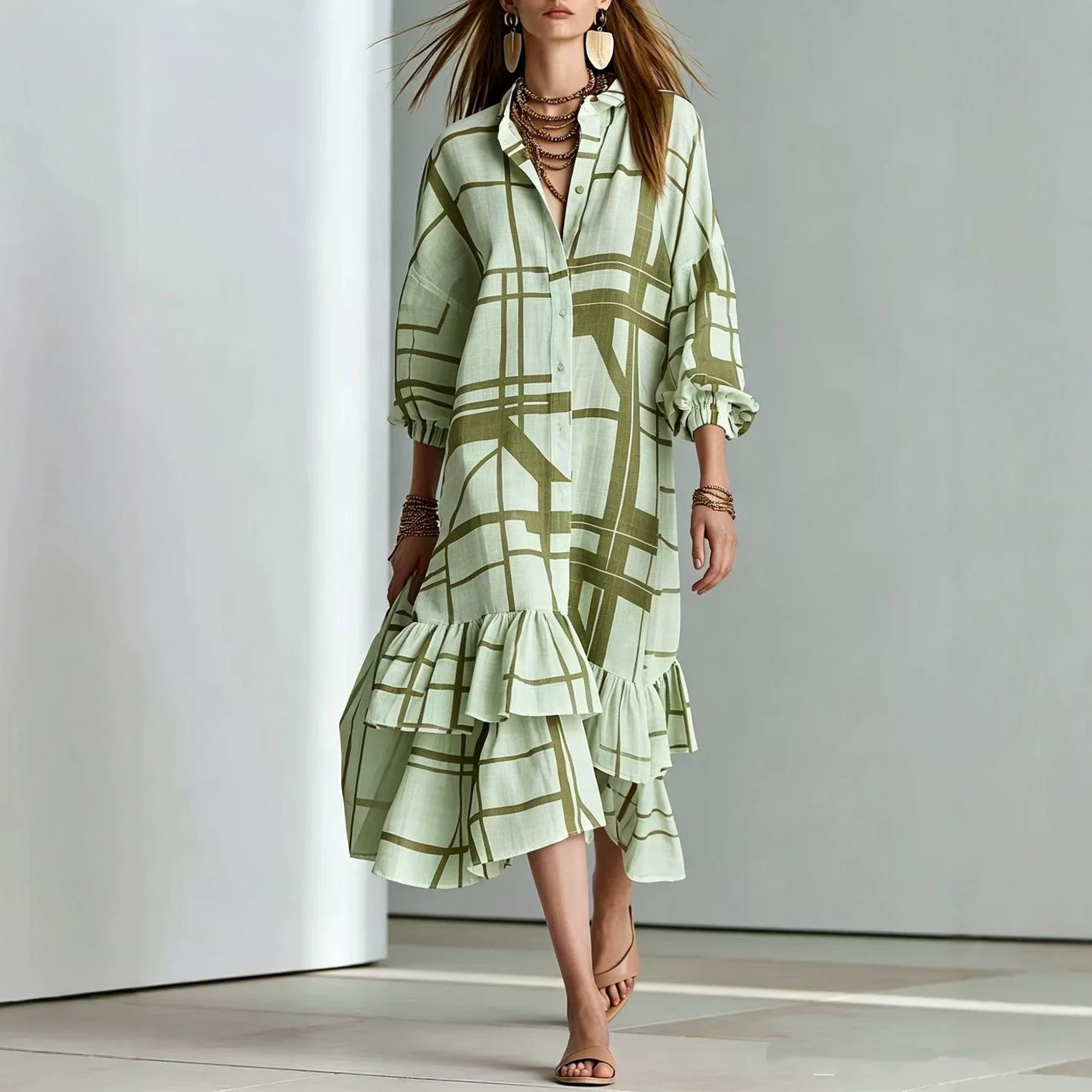 Bohemian Geometric Print Ruffle Asymmetrical Hem Long Shirt Dress