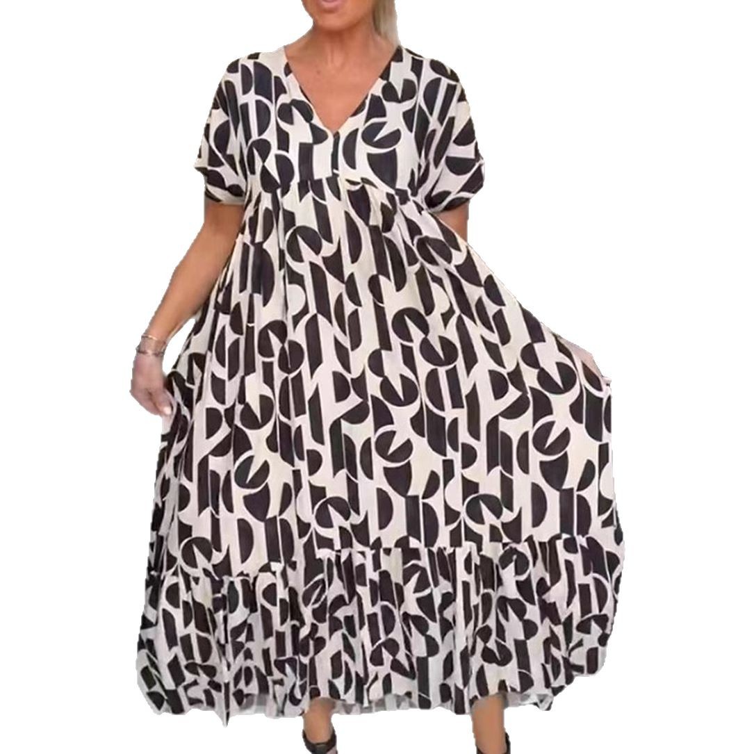 Geometric Print V-Neck Short Sleeve Loose Casual Dress