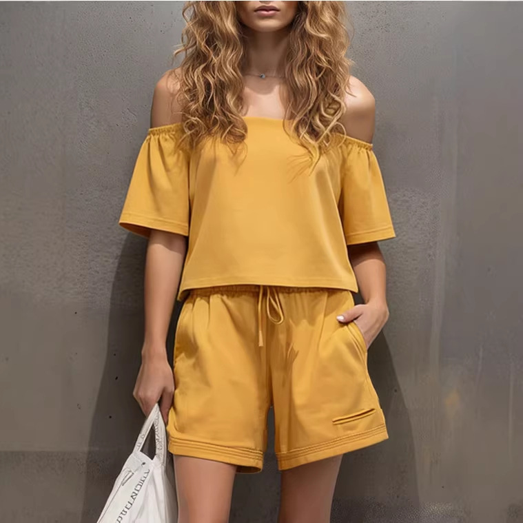 Women's Retro Yellow Off-Shoulder Top and Shorts Set