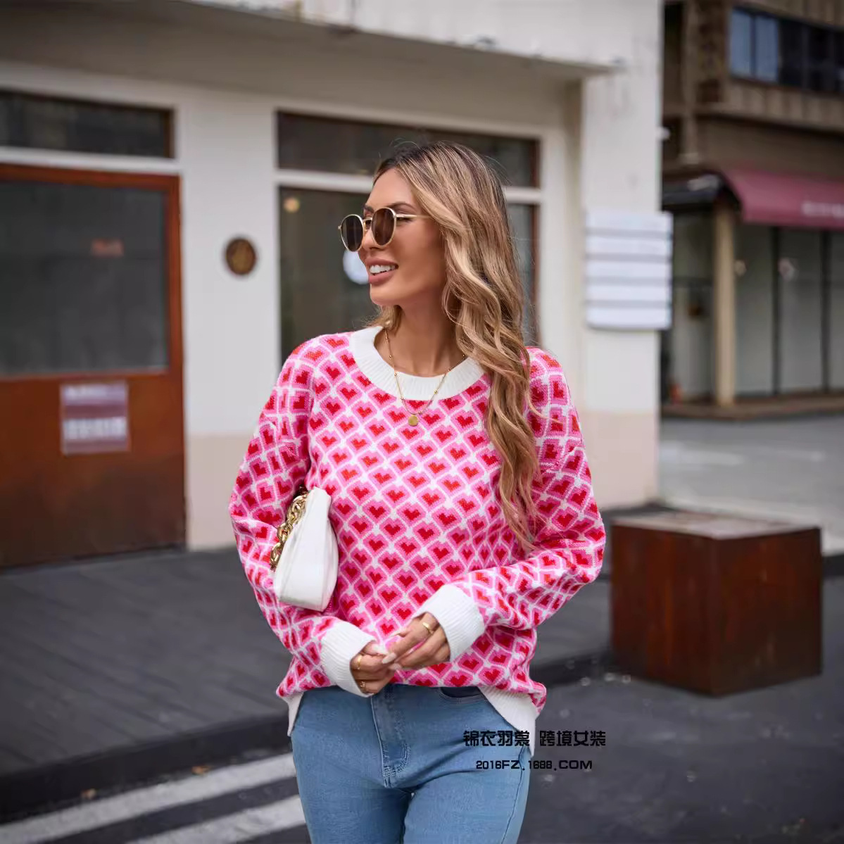 Women's Heart Jacquard Crewneck Pullover Sweater