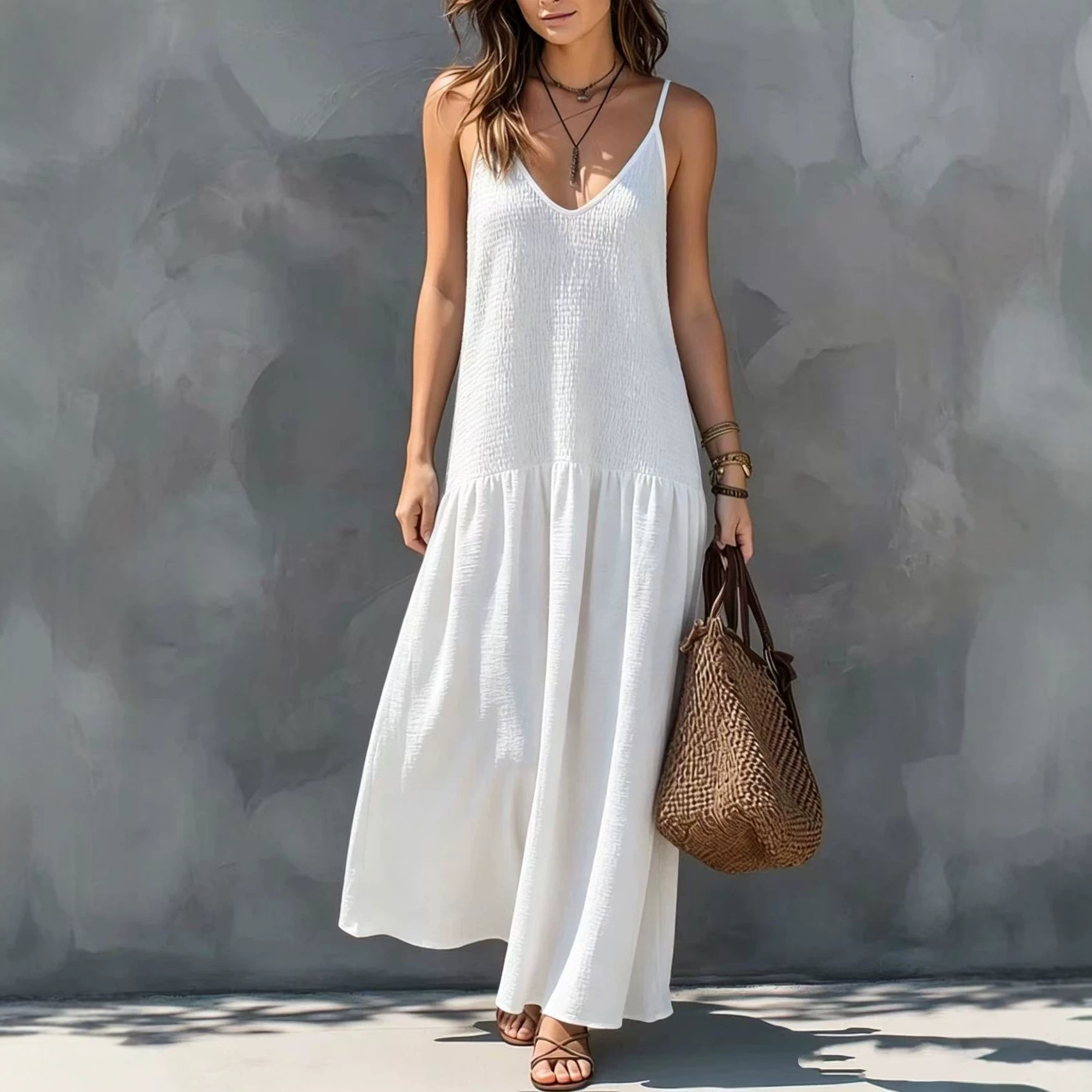 Women's Smocked Sleeveless A-Line Maxi Dress
