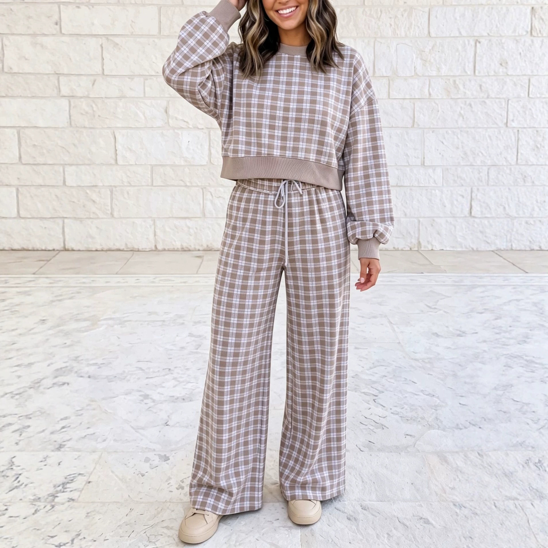High-Waist Plaid Print Wide-Leg Two-Piece Pants Set