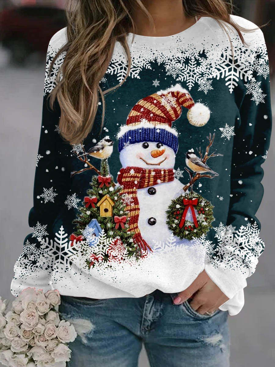 Women's Christmas Snowman Snowflake Print Crewneck Sweatshirt